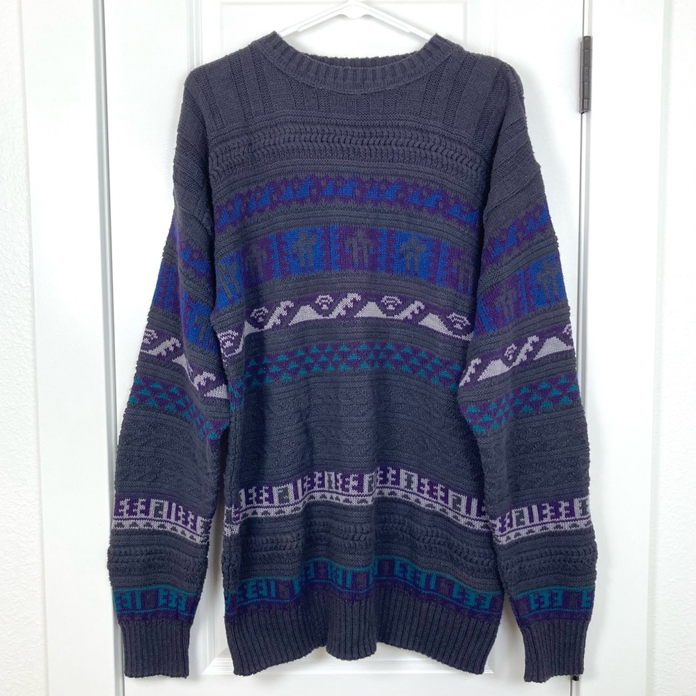 VTG 90s Lobo by Pendleton Chunky Knit Sweater Gray Geometric‎ Aztec Mens Medium